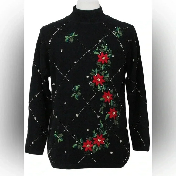 Vintage Victoria Jones Black & Red Floral Winter Mock Neck Sweater Size Small - Picture 1 of 7